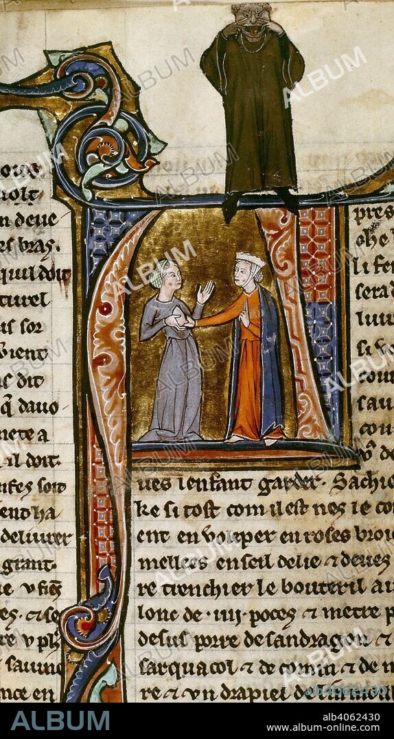 Choosing a wet-nurse. Li Livres dou SantÃ©. France, late 13th century. (Detail) Initial A: choosing a wet-nurse. A noble woman tests the exposed breast of a propective nurse; grotesque figure above.  Image taken from Li Livres dou SantÃ©.  Originally published/produced in France, late 13th century. . Source: Sloane 2435, f.28v. Language: French.