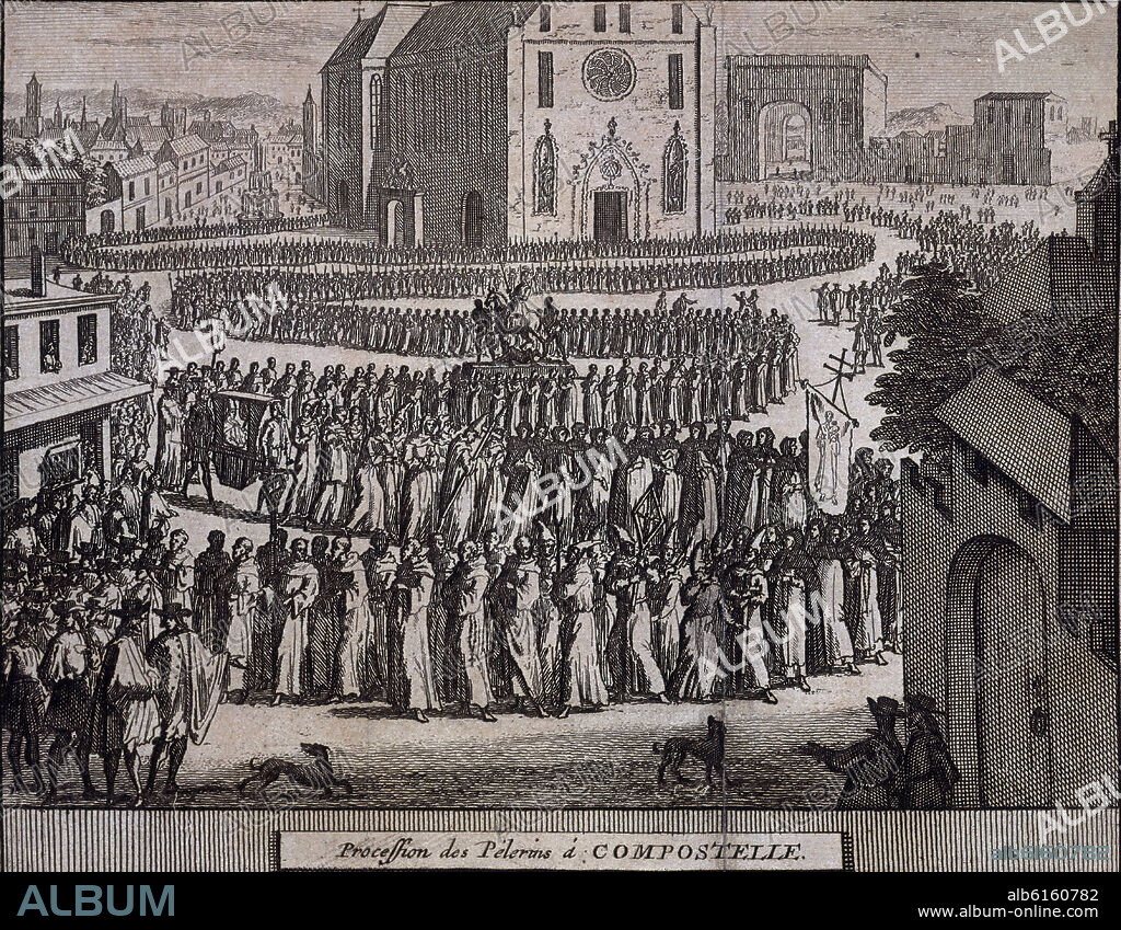 ALVAREZ DE COLMENAR JUAN. PROCESION DE PEREGRINOS A SANTIAGO, GRABADO DEL LIBRO DE VIAJES LAS DELICIAS DE ESPAÑA Y PORTUGAL,TRADUCCION PUBLICADA EN LEIDEN EN 1707.
