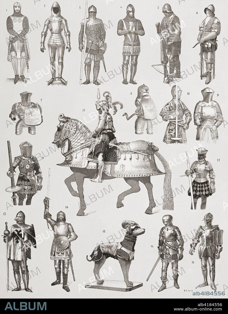 Suits of armour. 14th century. 1. Spanish  2. Full French suit   3.  French with a chain mail shirt  4.  English  5. Crossbowman's suit   6. Crossbowman's suit with brigandine  15th century.  7, 8, 9.  Gothic-German half-suits for jousting  10. Tournament  11. Spanish harness for royal jousting from the time of Philip I of Castile  12. Half suit of armour of Philip I of Castile  13. French  14, 15. Gothic-German used in Spain at the time of Alfonso IV of Aragon  16. French full suit with arm shield  16th century.  17.  Equestrian armour from the time of Emperor Charles V  18. A whippet in armour from the time of Emperor Charles V.  From Enciclopedia Ilustrada Segui, published 1908.