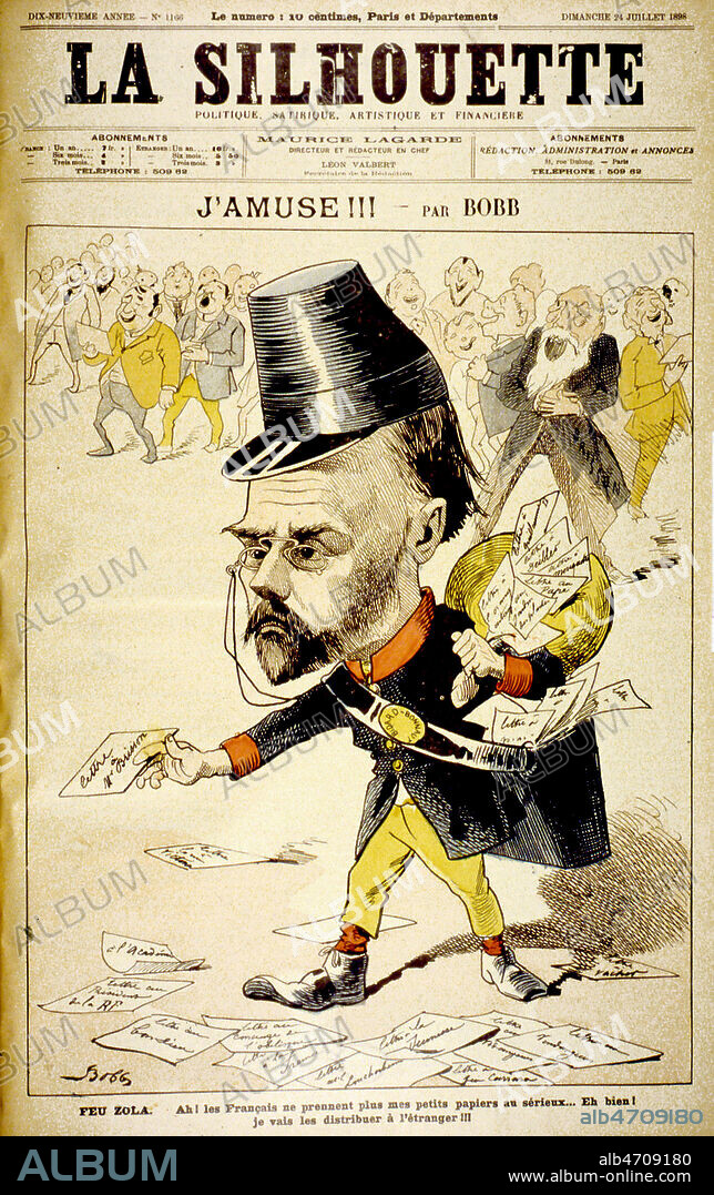 'J'amuse' : caricature a propos du 'J'accuse' d'Emile ZOLA (1840-1902). Couverture de La Silhouette du 24/07/1898 illustree par BOBB. Credit : JEAN VIGNE / KHARBINE-TAPABOR.