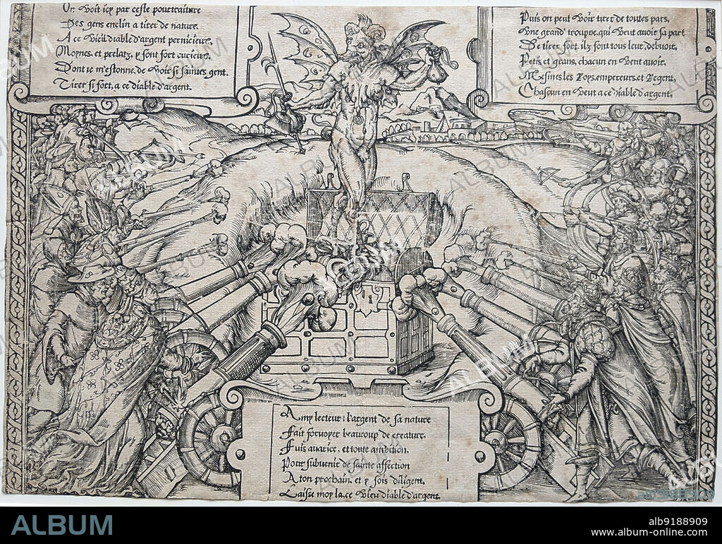 The Money Devil, second half of the 16th century. Cardinals, bishops, popes and kings firing crossbows and cannons at a winged monster standing on a chest full of money bags and treasure. Workshop of Germain Hoyau and Olivier Truschet, or workshop of Germain Hoyau and Mathurin Nicolas.