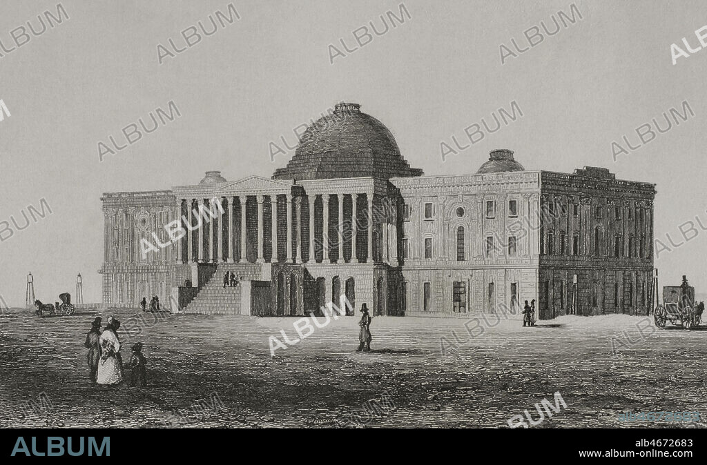 Estados Unidos. Washington. El edificio del Capitolio de los Estados Unidos, con el aspecto de su primera etapa de construcción, finalizada en 1800. Grabado por Arnout y Gibert. Panorama Universal. Historia de los Estados Unidos de América, por Roux de Rochelle. Edición española, impresa en Barcelona,1850.