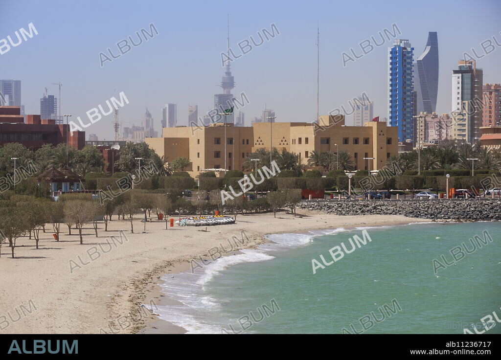 Arabian Gulf and city skyline, Salmiya, Kuwait City, Kuwait, Middle East.
