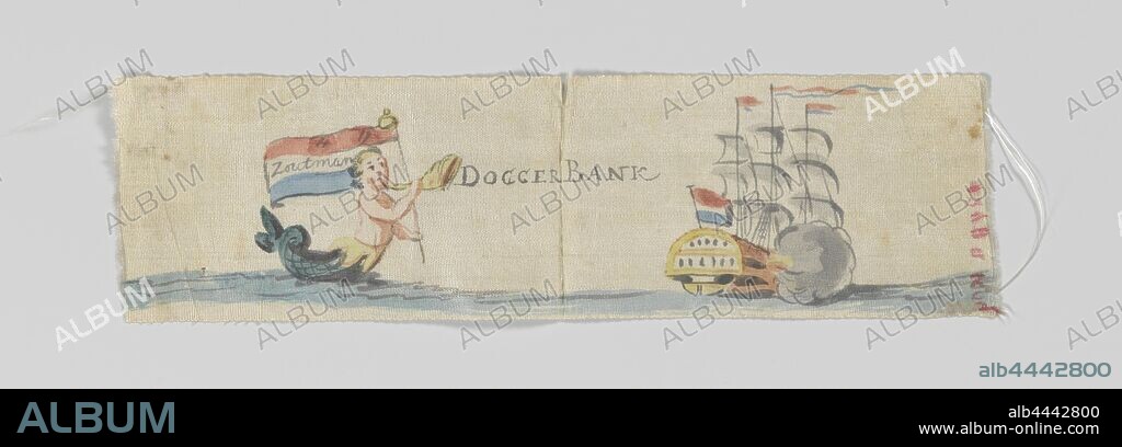 Dogger Bank Ribbon, Beige silk ribbon commemorating the Battle of the Dogger Bank (1781), with a painted representation. On the left a merman who holds the Dutch flag in his left hand with the name Zoutman. In his right hand he holds a receiver from which the word DOGGERBANK appears. On the right of the ribbon a ship with Dutch flags is shown, Doggersbank, Johan Arnold Zoutman, anonymous, Netherlands (possibly), in or after 1781, silk, l 17.5 cm × w 5 cm.