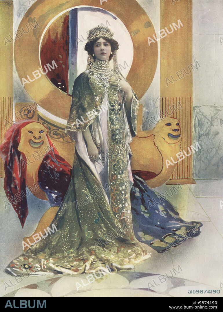 Madame Carolina Otero in L'Imperatrice, a ballet by jean Richepin and Paul Vidal, performed at the Theatre Olympia in 1901. Agustina del Carmen Otero Iglesias, La Belle Otero, Spanish dancer, singer and later courtesan, 1868-1965. Photograph by Leopold Emile Reutlinger. Colour printing of a hand-coloured illustration based on a monochrome photograph from George Newness Players of the Day, London, 1905.