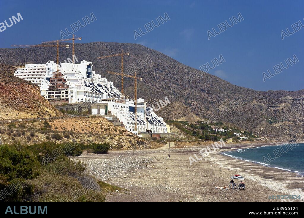 El Algarrobico hotel and beach, Carboneras, Almeria province, Region of Andalusia, Spain, Europe.