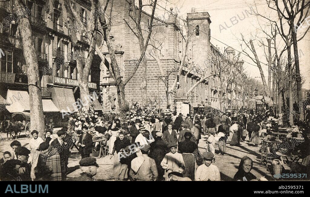 Barcelona. Vista general de la Rambla de San José y la iglesia de Belén. Años 1915.