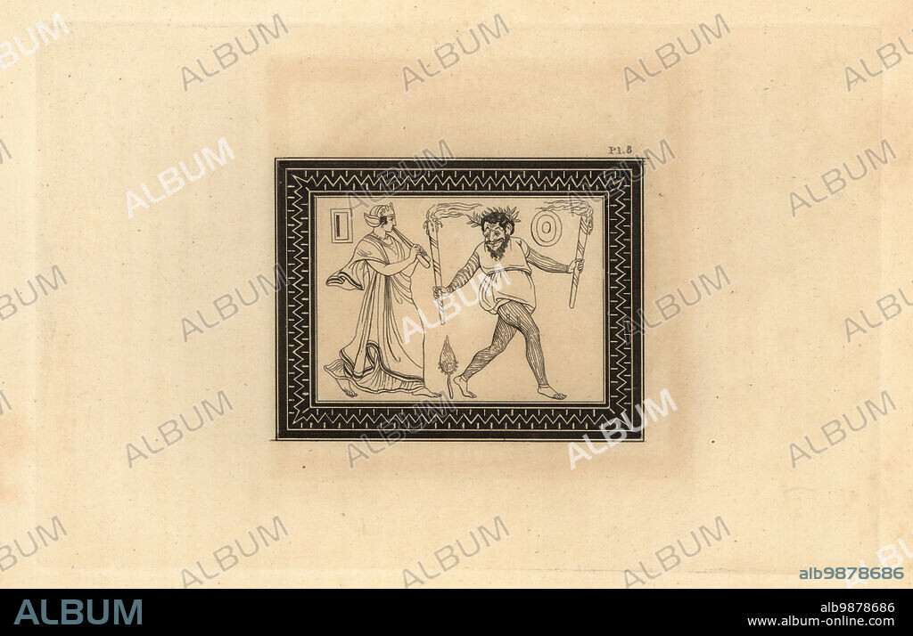 A scene from a comedy, with an actor dressed as a enslaved person wearing a mask of Sosius dancing to the music of a double flute (aulos or tibia) played by an unmasked woman. Pineapple indicates the show is dedicated to Bacchus. Copperplate engraving by Thomas Kirk (1765-1797) from Sir William Hamiltons Outlines from the Figures and Compositions upon the Greek, Roman and Etruscan Vases of the Late Sir Hamilton, T. MLean, London, 1834.