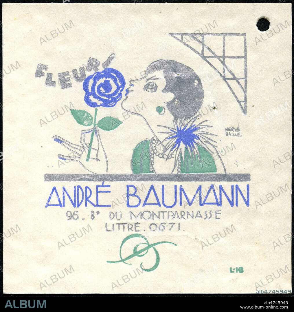 Fleurs, Andre BAUMANN 96 boulevard du Montparnasse a Paris . Illustration de Herve BAILLE (1896-1974) pour un carton publicitaire vers 1920. Credit : Collection IM/KHARBINE-TAPABOR.