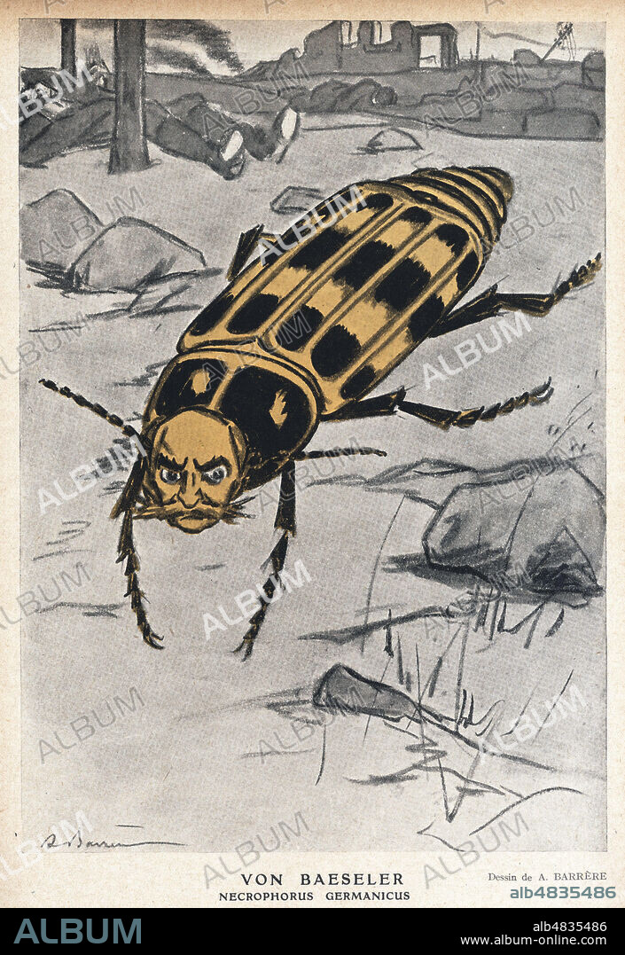 le general Von BAESELER (ne en 1850) Necrophorus Germanicus. Caricature de Adrien BARRERE (1877-1931) pour Fantasio du 1er fevrier 1918. Credit : Collection Kharbine-Tapabor.