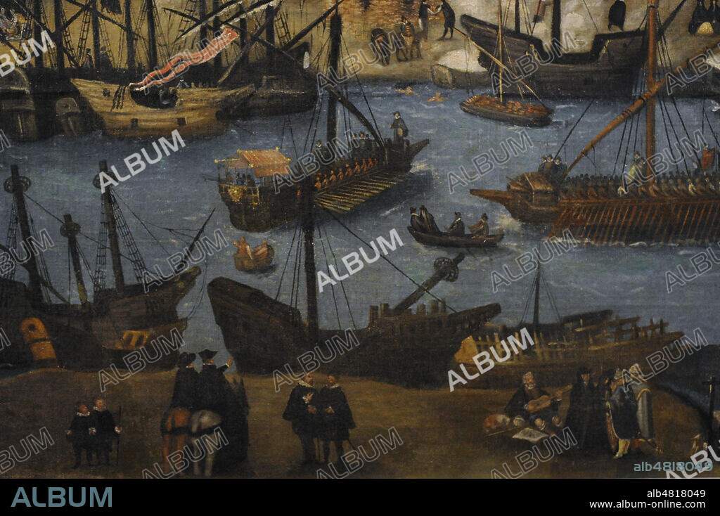 "Vista de Sevilla". La ciudad fué centro del comercio con el Nuevo Mundo desde comienzos del siglo XVI hasta comienzos del XVIII. Oleo sobre lienzo (300 x 150 cm), de finales del siglo XVI, atribuido a Alonso Sánchez Coello (1531-1588). Detalle. Escena de barcos junto al río Guadalquivir. Museo de América. Madrid. España.