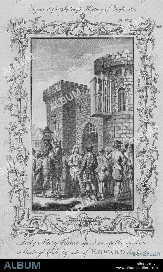 WILLIAM WALKER. 'Lady Mary Bruce exposed, as a public spectacle at Roxburgh Castle, by order of Edward the first', 1773. Lady Mary Bruce [1282-1323] during the First War of Scottish Independence, was captured by the English and imprisoned in a cage at Roxburgh Castle for four years. After Samuel Wale (1721-1786). From "A New and Complete History of England, From the Earliest Period of Authentic Intelligence to the Present Time", by Temple Sydney. [J. Cooke, London, 1773].