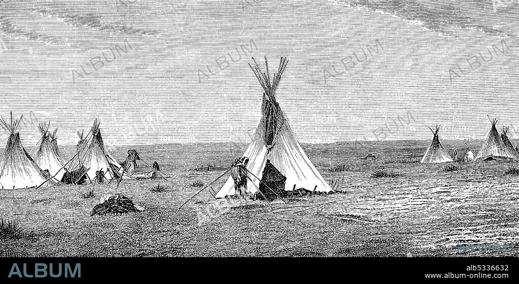 Indian village with teepees in the Northwest of America, in 1880  /  Indianerdorf mit Tipis im Nordwesten von Amerika, im Jahre 1880, Historisch, historical, digital improved reproduction of an original from the 19th century / digitale Reproduktion einer Originalvorlage aus dem 19. Jahrhundert,.