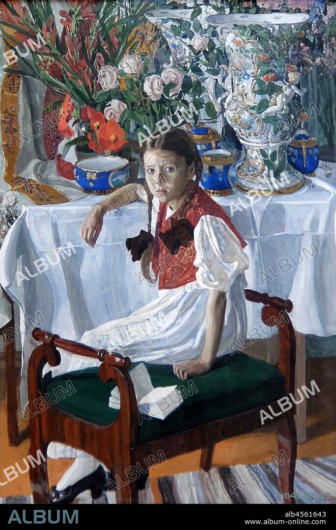 Painting titled 'Girl and Porcelain' by Aleksandr Golovin. Aleksandr Yakovlevich Golovin (1863-1930) a Russian artist and stage designer.