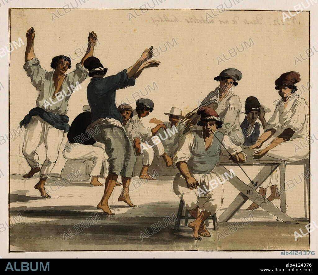Dansende maltezer matrozen. Danse de nos Matelots Maltois (title on object). Voyage en Italie, en Sicile et à Malte - 1778 (series title). Draughtsman: Louis Ducros. Dating: 1778. Measurements: h 187 mm × w 233 mm.