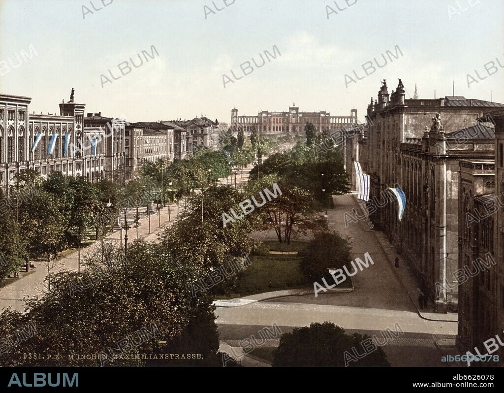 Maximilianstrasse in Munich (Upper Bavaria), photographed around 1890 as Photochrom picture; in the background the Maximilianeum.

Photo: Collection Sauer +++(c) dpa - Report+++. 01/06/1809