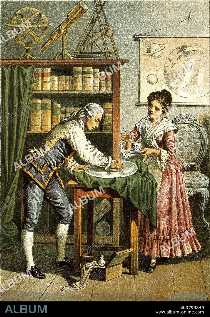 Sir William Herschel and Caroline Herschel. Coloured lithograph by A. Diethe. William Herschel (1738-1822) was a German-Anglo astronomer. Herschel was the first astronomer to study binary stars and, while searching for comets in 1781, he discovered Uranus, the first new planet to be discovered since ancient times. He also discovered two satellites of Uranus (Titania and Oberon, 1787), and two of Saturn (Mimas and Enceladus, 1789-90). King George III appointed William his Astronomer Royal in 1787. Herschel's sister Caroline Lucretia Herschel (1750-1848) worked alongside him and made significant contributions to astronomy, including the discovery of several comets and in particular the periodic comet 35P/Herschel-Rigollet, which bears her name.