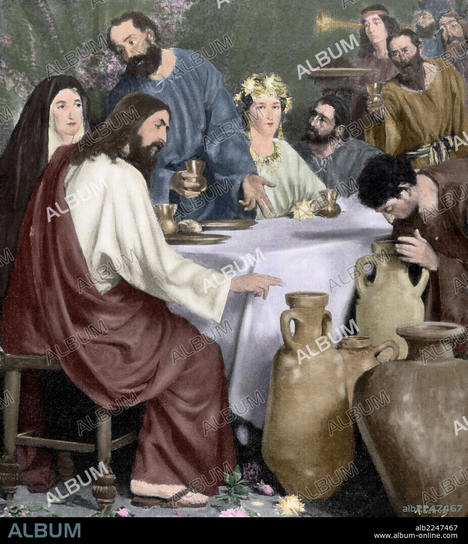 NUEVO TESTAMENTO. JESUS "LAS BODAS DE CANAAN". Grabado a partir de un cuadro de Antonio Estruch. "La Ilustración Artística", año 1897. Coloreado.
