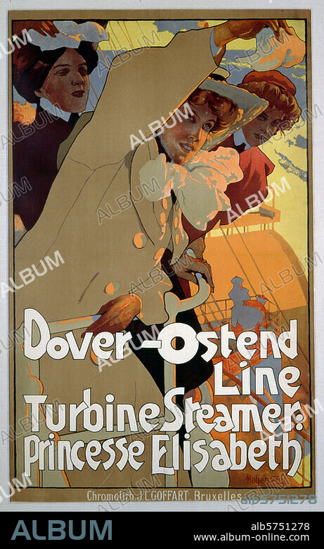 Shipping line:. Dover-Ostend Line. "Dover-Ostend Line / Turbine steamer: Princesse Elisabeth". Poster. Colour lithograph, undated by Adolfo Hohenstein (1854-1917). Print: J.Goffart, Brüssel.