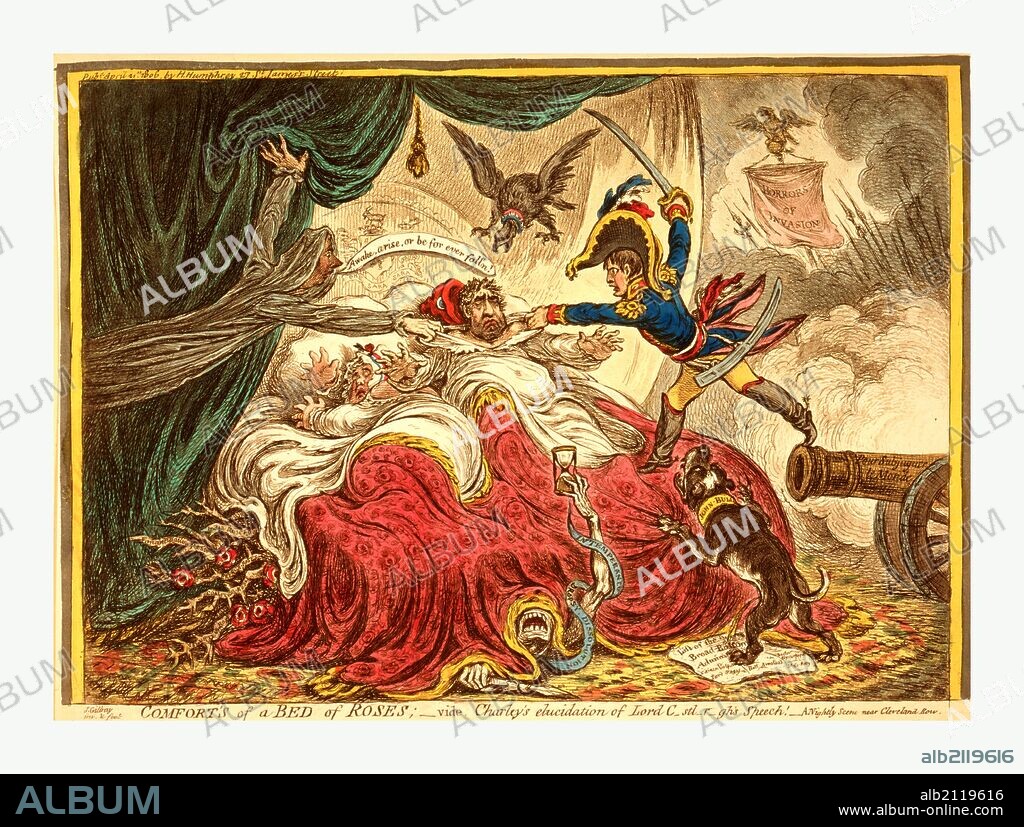 Comfort of a Bed of Roses, Gillray, James, 1756-1815, engraver, [London] : H. Humphrey, 1806, Charles Fox, in bed with his wife, having a nightmare. To the right, Napoleon jumps to the bed from a cannon with the words Pour subjugeur le Monde inscribed on the muzzle; behind him are seen pikes and a banner with the words Horrors of Invasion. William Pitt, as a shade, floats near the bed, admonishing Fox to awake. An eagle with the collar labeled Prussia looms over Fox's head. From under the bed grow thorny rose branches and Death crawls out from under the covers. A bulldog with its collar inscribed John Bull lunges at Napoleon.