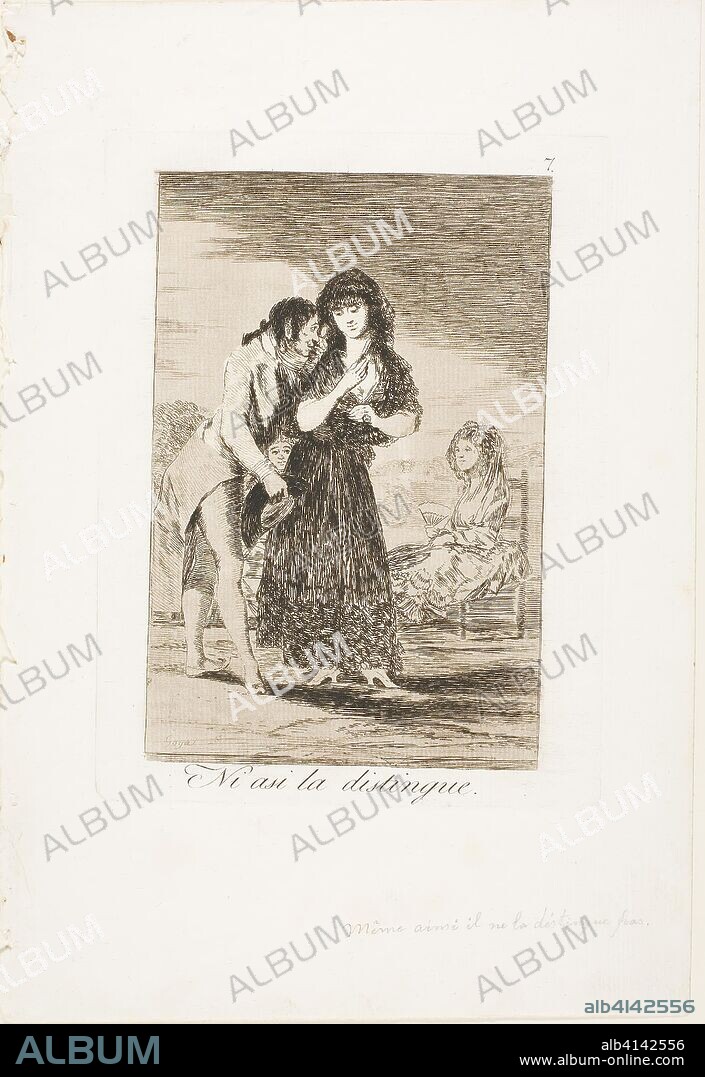 FRANCISCO DE GOYA. Even Thus he Cannot Make Her Out, plate seven from Los Caprichos. Francisco José de Goya y Lucientes; Spanish, 1746-1828. Date: 1797-1799. Dimensions: 175 x 116 mm (image); 198 x 150 mm (plate); 301 x 205 mm (sheet). Etching and aquatint on ivory laid paper. Origin: Spain.