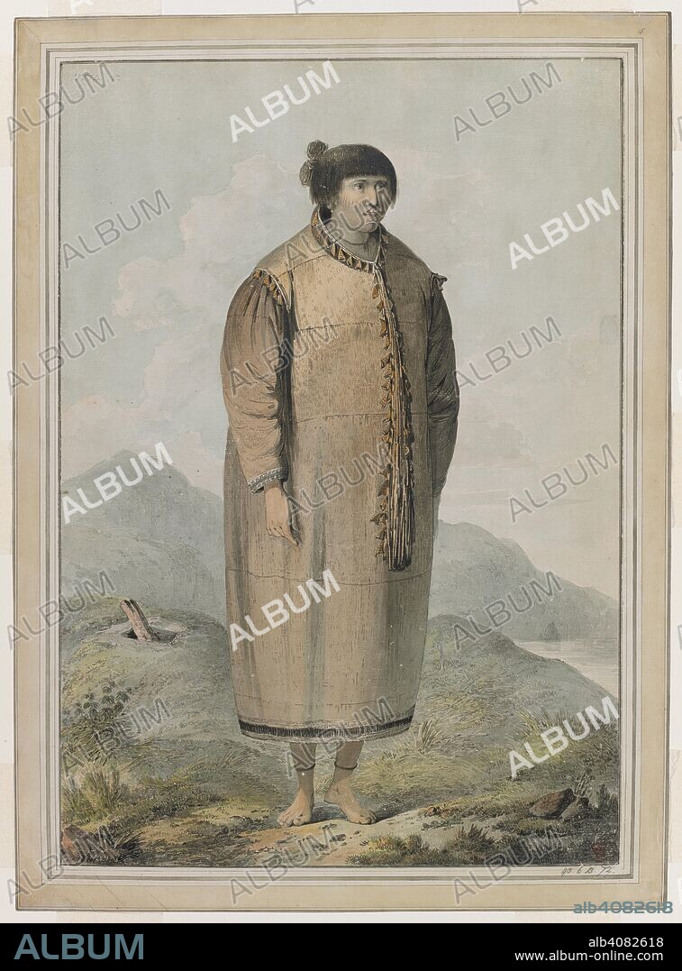 JOHN WEBBER. Aleut woman of Unalaska Island.  A Woman of Unalaska wearing a tubular cloak and standing on the top of a house. Ninety drawings, some in Indian ink, some coloured, executed by J. Webber during the Third Voyage of Captain Cook, 1776-1780. July, 1778. Source: Add. 15514, no.15. Language: English.