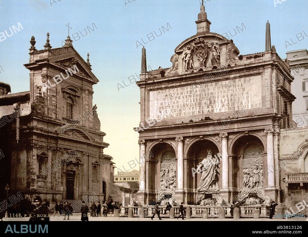The Fontana dell'Acqua Felice, also called the Fountain of Moses, is a monumental fountain located in the Quirinale District of Rome, Italy. It marked the terminus of the Acqua Felice aqueduct restored by Pope Sixtus V. It was designed by Domenico Fontana and built in 1585-88 in the form of an ancient Roman triumphal arch. It featured, as ancient Roman fountains did, an inscription honoring its builder, Pope Sixtus, beneath angels holding the papal coat of arms. Within each of the three arches were sculptures on Old Testament subjects. The central arch featured a large statue of Moses, made in 1588 by Leonardo Sormani and Prospero da Brescia. To the left is Aaron, sculpted by Giovanni Battista della Porta and to the right is Joshua sculpted by Flaminio Vacca and Pietro Paolo Olivieri. Water flows from the statues into basins, where four lions are spouting water. Detroit Publishing Company circa 1890-1900.