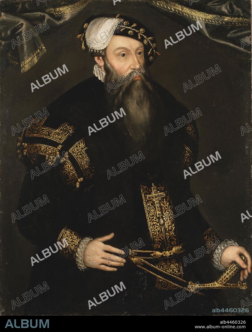 Attributed to Cornelius Arendtz, King Gustav I, GUSTAV VASA (1496-1560), King of Sweden, married to 1. Catherine of Sachsen-Lauenburg, 2. Margareta Leijonhufvud, 3. Catherine Stenbock, painting, Gustav I of Sweden, Oil on canvas, Height, 104 cm (40.9 inches), Width, 83 cm (32.6 inches), Inscription, Gustav I Wasa, König von Schweden Born 12th of May 1496, September 29, 1560, on loose cloth piece attached to the back.