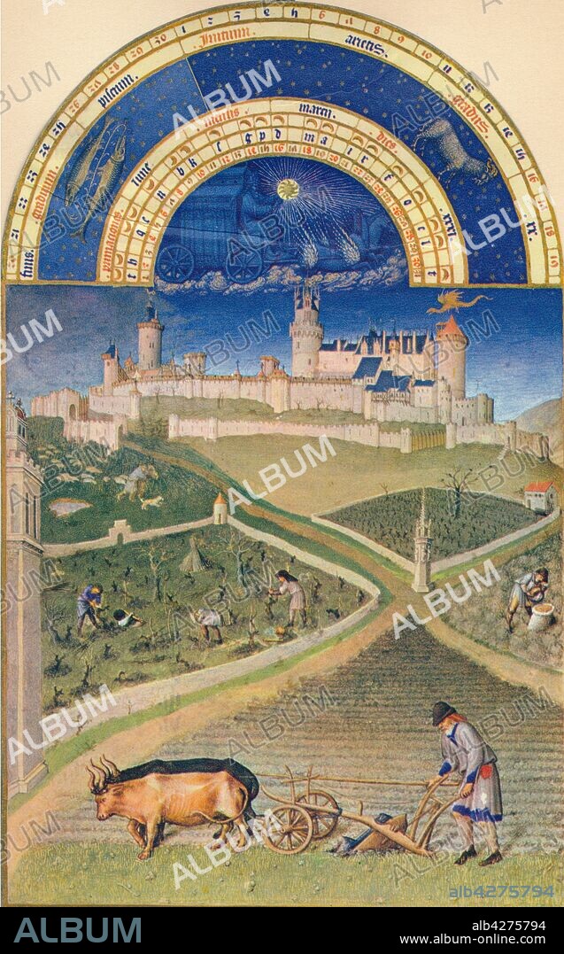 JEAN COLOMBE y PAUL LIMBOURG. March - the Château de Lusignan, 15th century, (1939). 'Mars - Le Chateau De Lusignan'. Agricultural activities: ploughing with oxen, pruning grape vines, a shepherd with sheep, and filling a sack with grain for sowing. The winged dragon above the tower on the right represents the protective spirit Mélusine. The château at Lusignan in western France was a favorite residence of Jean, Duc de Berry. A page from the "Très Riches Heures du Duc de Berry", a book of hours produced for Jean, Duc de Berry and commissioned from the Limbourg brothers. Made between c1412 and 1489, and regarded as one of the finest examples of European manuscript illumination, it is held at the Musee Condé, Chantilly, France. Published in "Verve - No. 7, Vol. II". [Verve, France, 1939].
