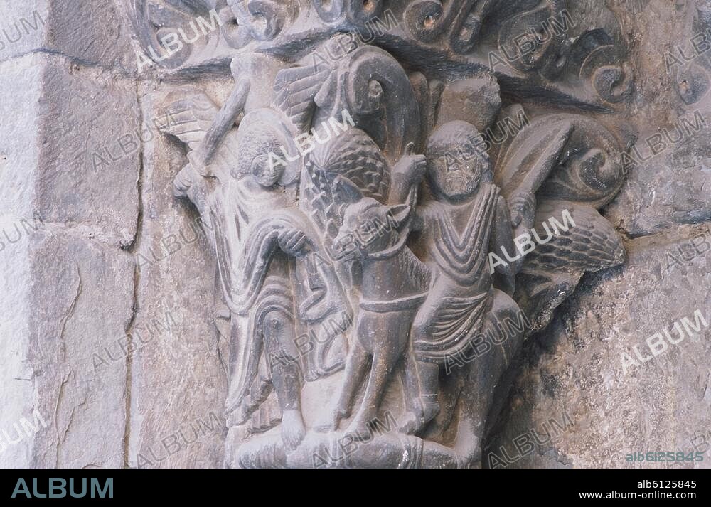 Jaca (Huesca province, Aragonia, Spain) Cathedral / Catedral San Pedro (built from 1040-1076), South portal.-Bileam and the donkey.-(Numbers 22-24). Capital. Sculpture, 12th century A.D.