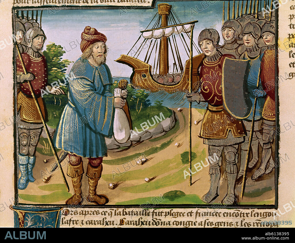 ANTOINE VERARD (1450/1519) IMPRESOR. COMERCIANTE JUNTO A UN SOLDADO DEL EJERCITO DE CARLOMAGNO - LIBRO DE HORAS - SIGLOS XV/XVI.