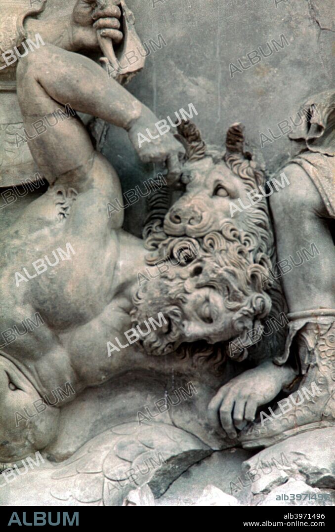Detail from the Great Frieze of the Pergamon Altar, 180-159 BC. The 113 metre long Ancient Greek frieze depicts the 'gigantomachy', the struggle between the gods and the giants. From the Pergamon Museum, Berlin, Germany.