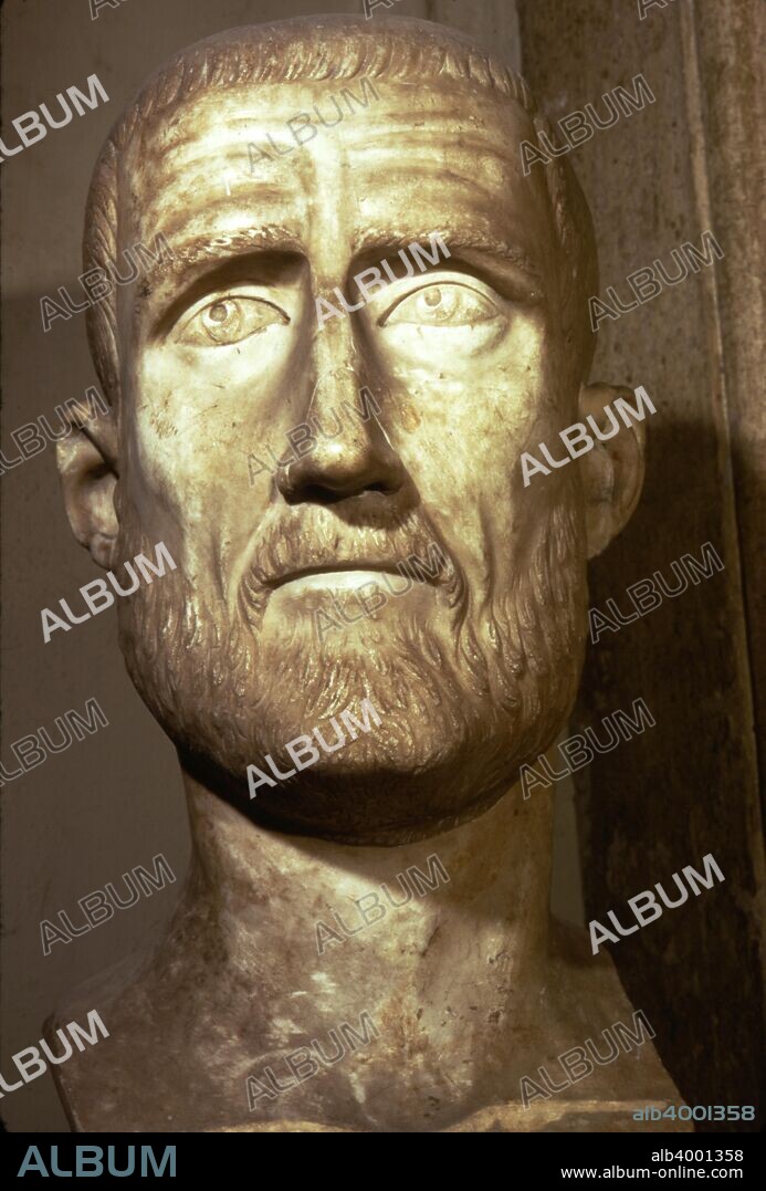 Bust of Probus, Roman Emperor (276-282), c3rd century. Probus, (19 August 232 -September/October 282), was Roman Emperor from 276 to 282. During his reign, the Rhine and Danube frontier was strengthened after successful wars against several Germanic tribes. At Capitoline Museum, Rome.