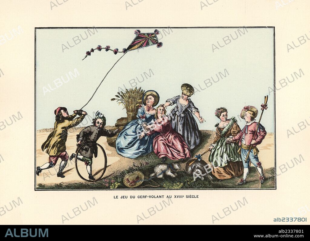 Children flying a kite, rolling hoops, and playing at shepherd and shepherdess, 18th century. Handcoloured lithograph from Henry Rene Allemagne's Sports and Games of Skill (Sports et Jeux d'Adresse), Librairie Hachette, Paris, 1903.