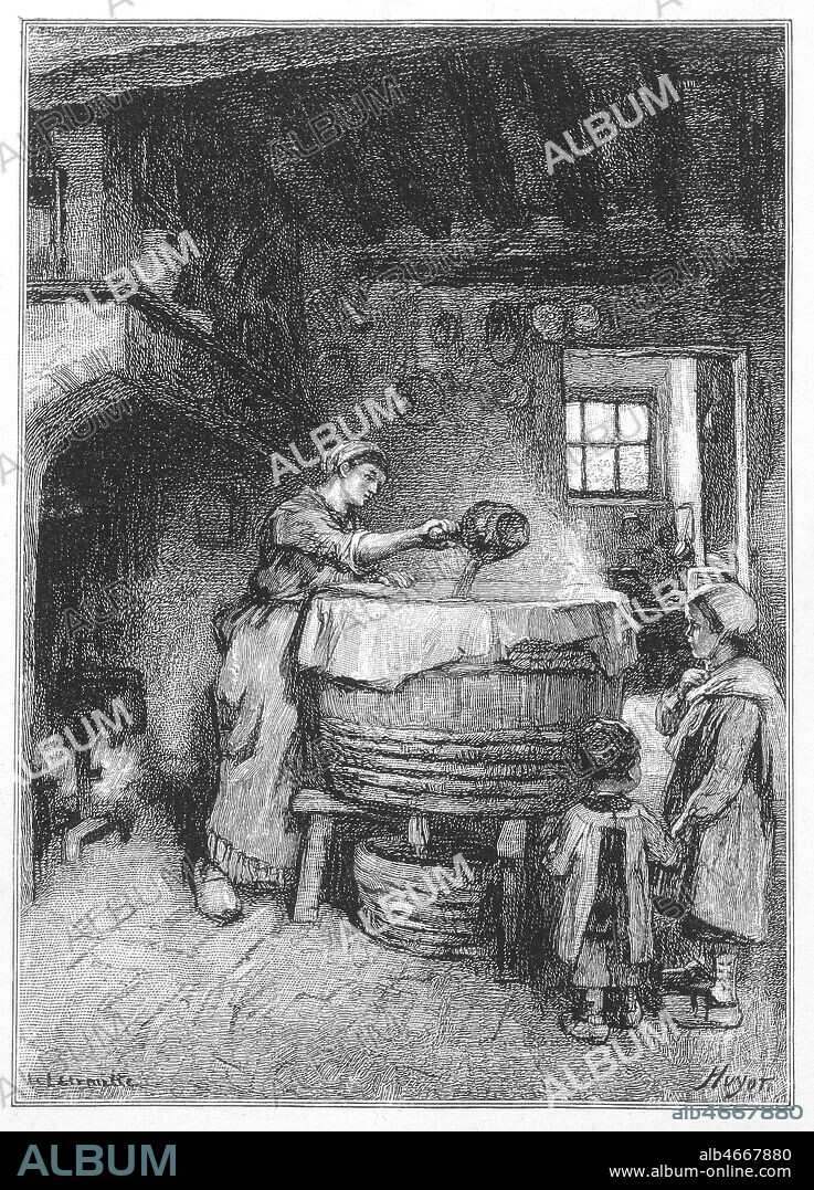 La LESSIVE (Une femme dans une ferme prepare le baquet pour la lessive) Gravure in la Vie Rustique par Andre Theuriet, 1888. Illustration de Clement Bellenger. Credit Collection Kharbine Tapabor.