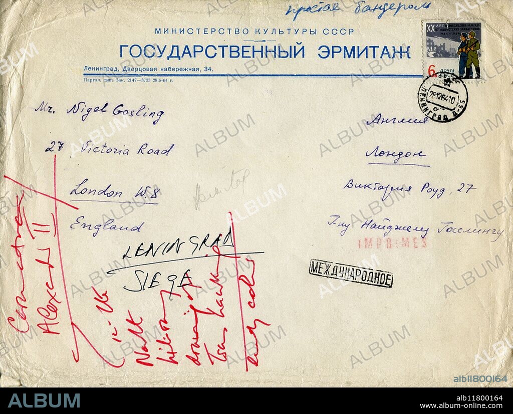 Russian Revolution - envelope addressed to Mr. Nigel Gosling, 27 Victoria Road London W.8. England. Words in English include Alexander II, Leningrad siege. This envelope appears to be from WWII and is a State Hermitage Museum envelope. TopFoto.