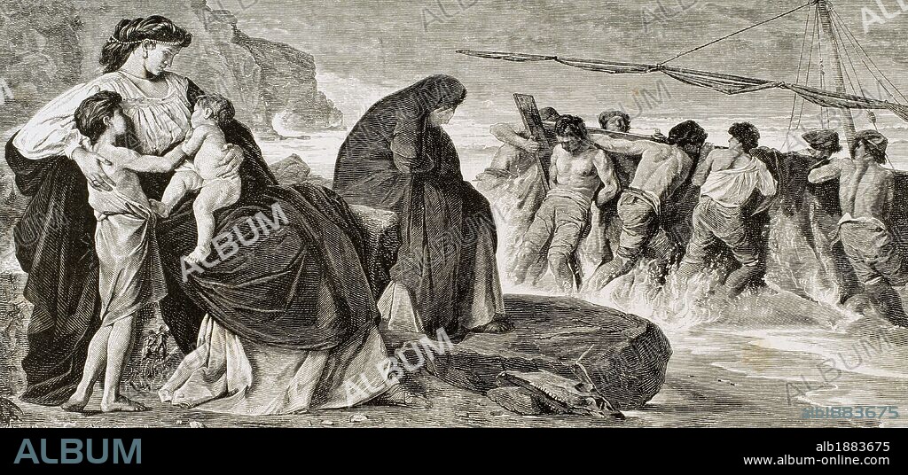 MEDEA. Personaje mitológico de la antigua Grecia, heroina en la ragedia de Eurípides. Mujer de Jasón el Argonauta, le ayudó a apoderarse del vellocino de oro. "MEDEA PREPARANDO LA HUIDA". Grabado de "El Universo Ilustrado" (año 1882) .