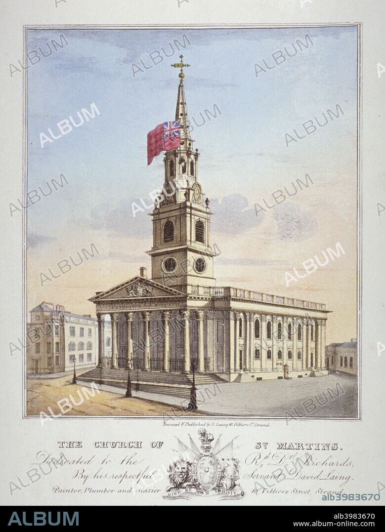 Church of St Martin-in-the-Fields, Westminster, London, c1825. View of the church, looking north-east, with the Red Ensign flying from the tower. Designed by James Gibbs, the church was built in the 1720s.