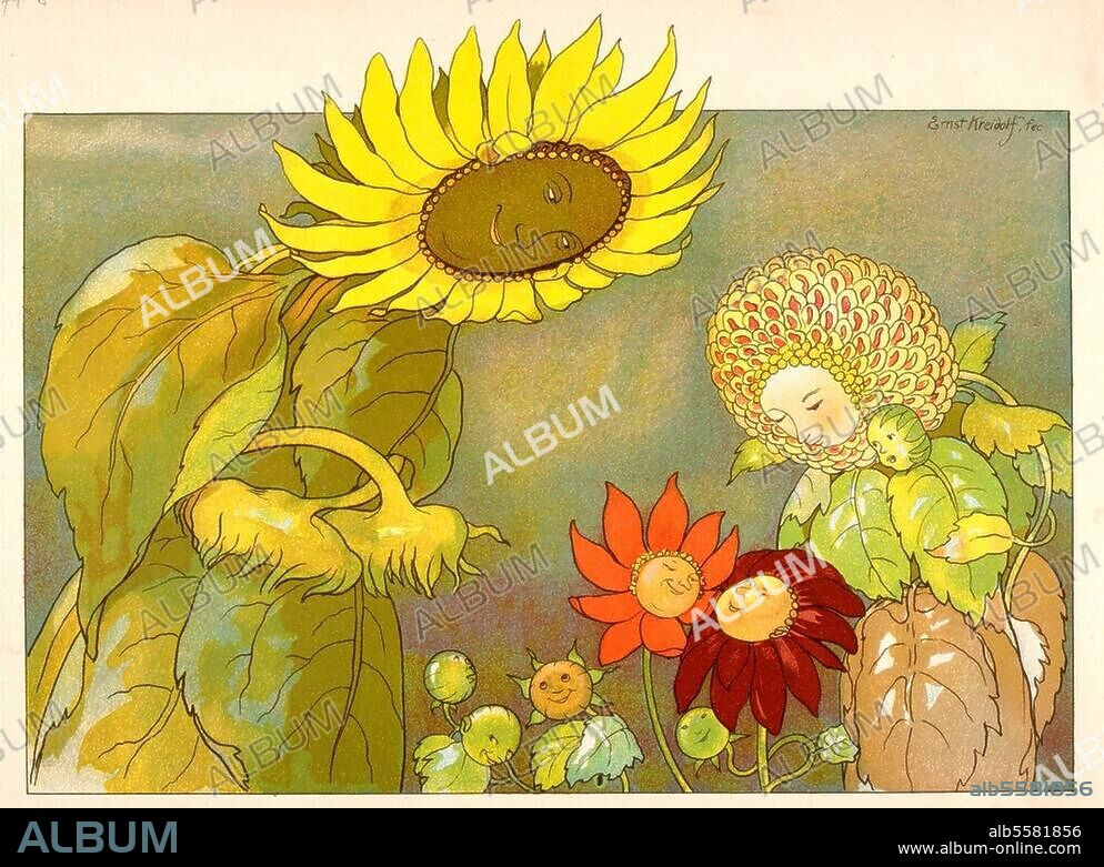 Literatur / Bilderbuch. "Sonnenblume und Georgine". Farblithographie, 1898, von Ernst Kreidolf (1863-1956). Aus: Blumen-Märchen. Bilder, Texte u. Lithographie von Ernst Kreidolf, 2. Aufl. Köln (Schafstein & Co.) 1903. Berlin, Sammlung Archiv für Kunst und Geschichte.