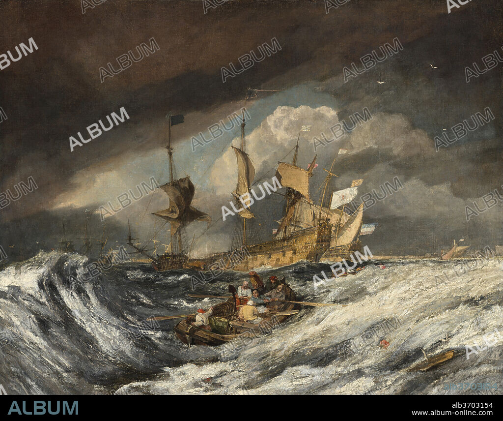JOSEPH MALLORD WILLIAM TURNER. Boats Carrying Out Anchors to the Dutch Men of War. Dated: c. 1804. Dimensions: overall: 101.6 × 130.81 cm (40 × 51 1/2 in.)  framed: 123.19 × 150.65 × 8.89 cm (48 1/2 × 59 5/16 × 3 1/2 in.). Medium: oil on canvas.