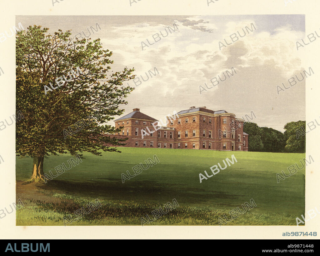Mersham Hatch, Kent, England. Red-brick mansion built by Sir Wyndham Knatchbull, 6th Baronet, and his uncle Sir Edward Knatchbull, 7th Baronet, in the 18th century. William Francis Knatchbull was a slave owner in Jamaica (144 enslaved people). Colour woodblock by Benjamin Fawcett in the Baxter process of an illustration by Alexander Francis Lydon from Reverend Francis Orpen Morriss Picturesque Views of the Seats of Noblemen and Gentlemen of Great Britain and Ireland, William Mackenzie, London, 1880.
