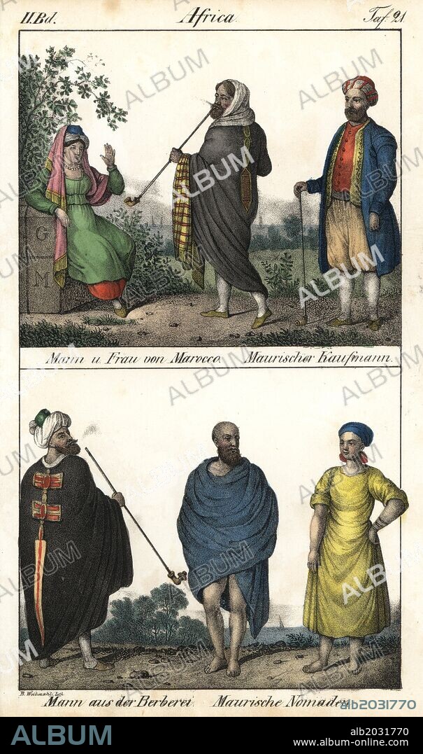 Man and woman of Morocco, a Moorish merchant, above, and a Berber man in a cloak and Moorish nomads below. Handcoloured lithograph from Friedrich Wilhelm Goedsche's "Vollstaendige Völkergallerie in getreuen Abbildungen" (Complete Gallery of Peoples in True Pictures), Meissen, circa 1835-1840. Goedsche (1785-1863) was a German writer, bookseller and publisher in Meissen. Many of the illustrations were adapted from Bertuch's "Bilderbuch fur Kinder" and others.