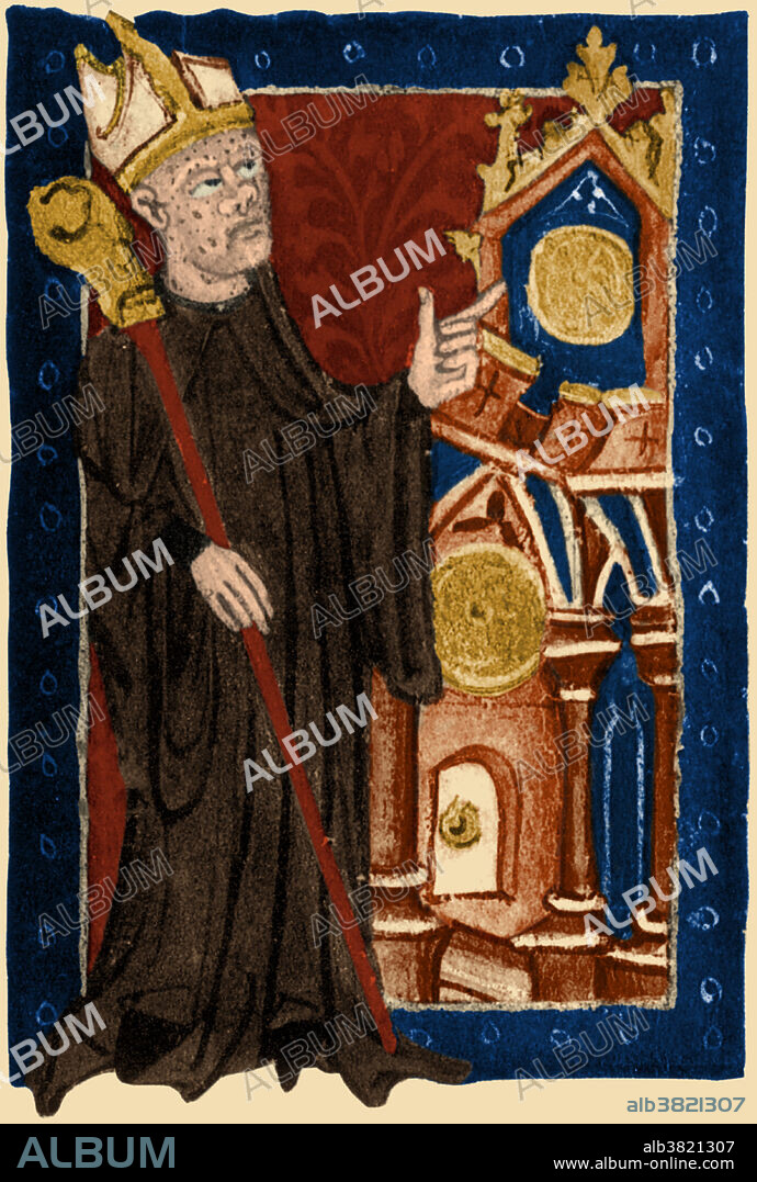 Medieval illustration depicting Richard of Wallingford (1292-1336), an English mathematician who made major contributions to astronomy, astrology and horology while serving as abbot of St Albans Abbey. He is best known for the astronomical clock he designed, while he was abbot, which is described in the Tractatus Horologii Astronomici (1327). Richard suffered from leprosy, which explains the pockmarked appearance of his face in this artwork.