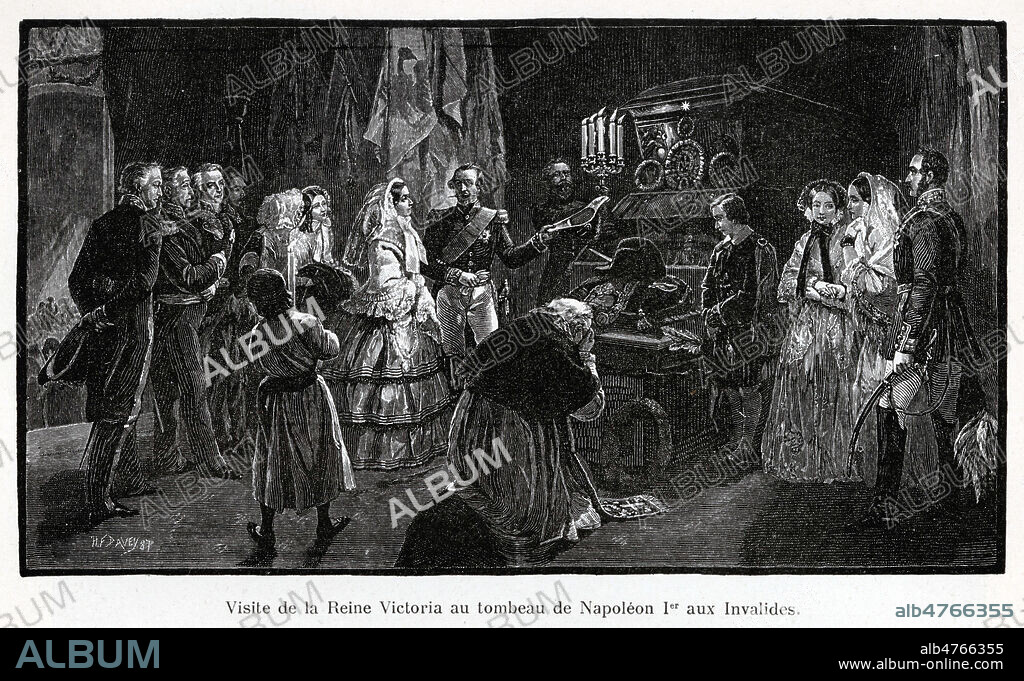 Visite de la reine VICTORIA (1819-1901) au tombeau de NAPOLEON 1er aux Invalides, en presence de NAPOLEON III. Illustration anonyme pour La Revue illustree de 1895. Credit : Coll. Jonas/KHARBINE-TAPABOR.