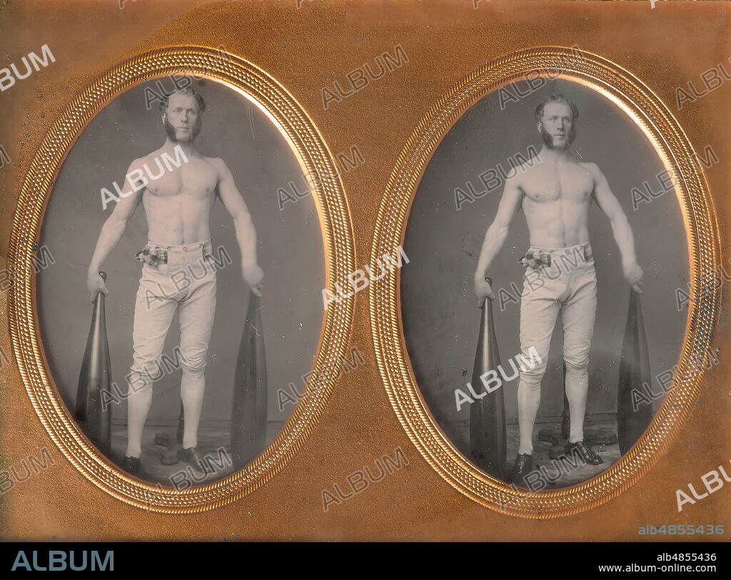 Stereoscopic Case, Partially Nude Strongman Holding Indian Clubs, 1853-60s.