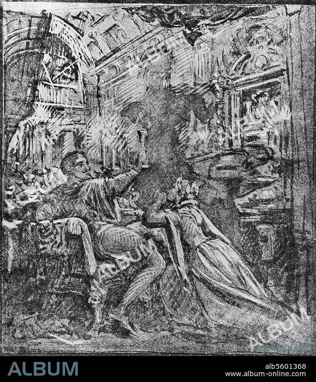 Wolfgang Amadeus Mozart; 1756-1791. Works: Don Giovanni (Opera, UA 1787). Don Juan and Donna Elvira. Drawing, 1870, by Moritz von Schwind (1804-1871). From the series: Drawings to Mozart's. "Don Juan". Hamburg, Kunsthalle.