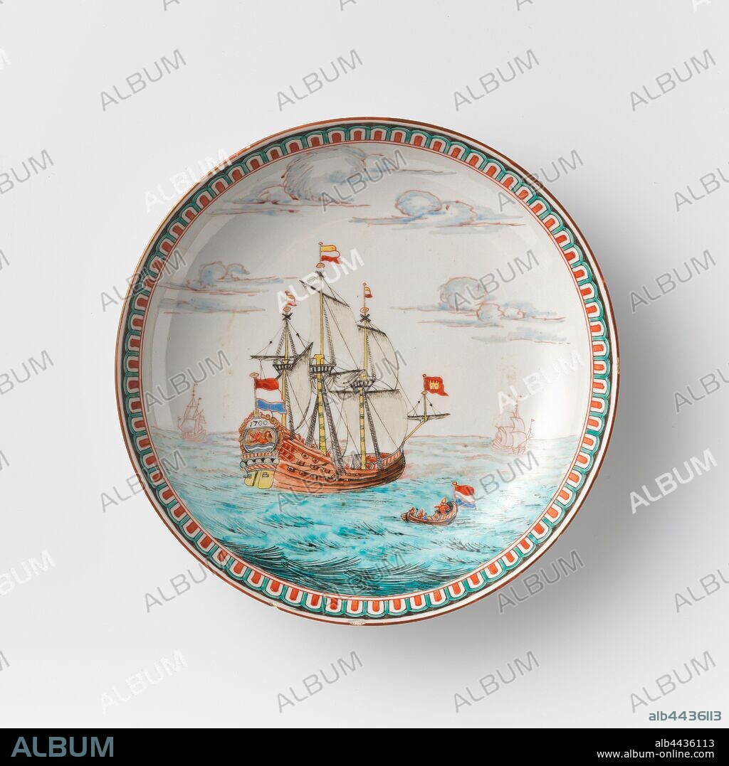 Schaucer-dish with ships bearing Dutch flags and arms of Zeeland, Porcelain dish painted on the glaze in blue, red, green, yellow, brown, black and gold. On the front a large three-mast with the Dutch flag, the year 1700 and the coat of arms of Zeeland, two more ships in the background, for the three-master a small boat with five people, a decorative band on the inner edge. A few chips in the edge. Decorated in Europe., anonymous, China, c. 1850 - c. 1899, Qing-dynasty (1644-1912), porcelain (material), glaze, gold (metal), vitrification, h 4 cm d 21.5 cm d 12.7 cm.
