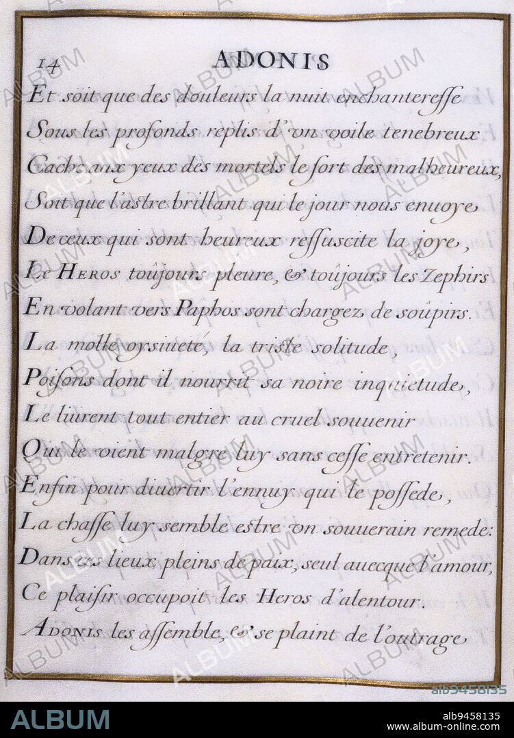 Adonis, La Fontaine, Jean de, Man or Woman of Letters - Writer, Le Gascon, Bookbinder, Chauveau, François, Draughtsman, Jarry, Nicolas, Calligrapher, In 1658, 17th century, Manuscripts, Printed matter, Binding, Manuscript, Vellum, Maroquin, Gilding = gilding, Ink, Height: 32. 4 cm, Width: 24.3 cm, Depth: 2.3 cm, Dimensions - Box:, Height: 34 cm, Width: 26.2 cm, Depth: 3.2 cm.