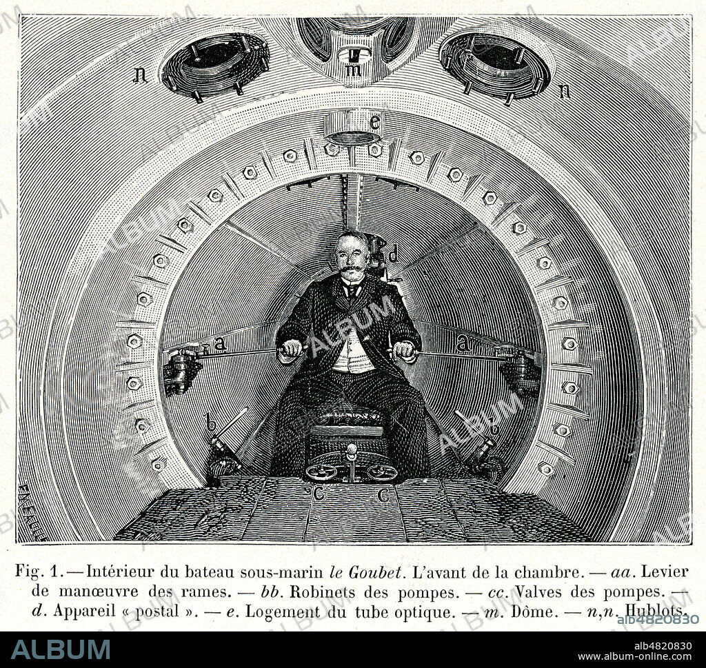 Interieur du bateau sous-marin Le Goubet. L'avant de la chambre'. Illustration tiree de la revue La Nature du 28 decembre 1895. Credit : Collection KHARBINE-TAPABOR.