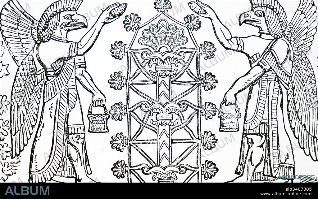 Engraving of a bas-relief depicting the Assyrian God Nisroch, the God of Agriculture. Dated 19th Century.